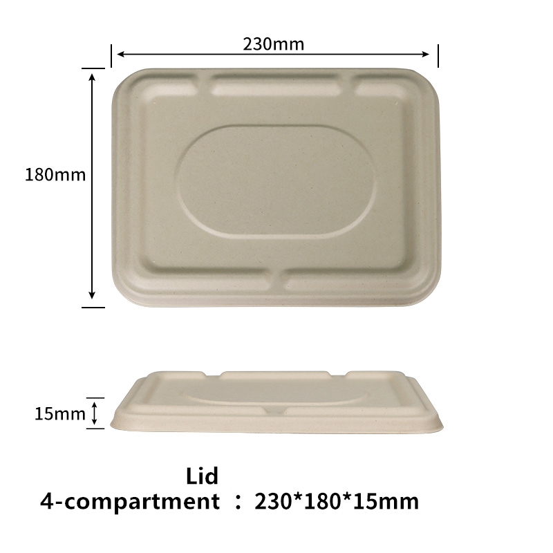 Bandejas de comida desechables con tapa de 4 compartimentos de fibra de azúcar Contenedor de comida desechable compostable Bandejas para servir de bagazo Rectángulo hecho de fibras vegetales ecológicas de caña de azúcar