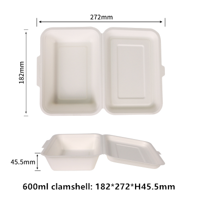 Sin PFAS Ecológico 1 compartimento 600 ml Contenedores de comida para llevar Contenedores para llevar Contenedores de comida desechables para llevar Cajas para comida Contenedor de comida tipo almeja Caja para llevar resistente