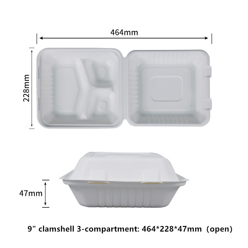 Sin PFAS 100% compostable en el hogar Contenedor de comida para llevar desechable de 9 pulgadas con 3 compartimentos Contenedores para llevar Cajas resistentes para llevar Ecológico Biodegradable Hecho de fibras de caña de azúcar