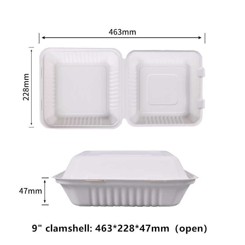 Sin PFAS 100% compostable en el hogar Contenedores de comida desechables para llevar de 9 pulgadas Contenedores para llevar Cajas resistentes para llevar Ecológico Biodegradable Hecho de fibras de caña de azúcar