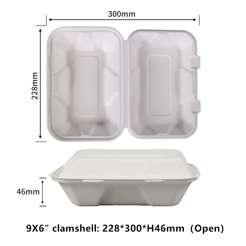 Contenedor de comida para llevar sin PFAS Contenedores plegables compostables para llevar de 9x6 pulgadas Cajas desechables para llevar Contenedores ecológicos biodegradables de alta resistencia con bagazo