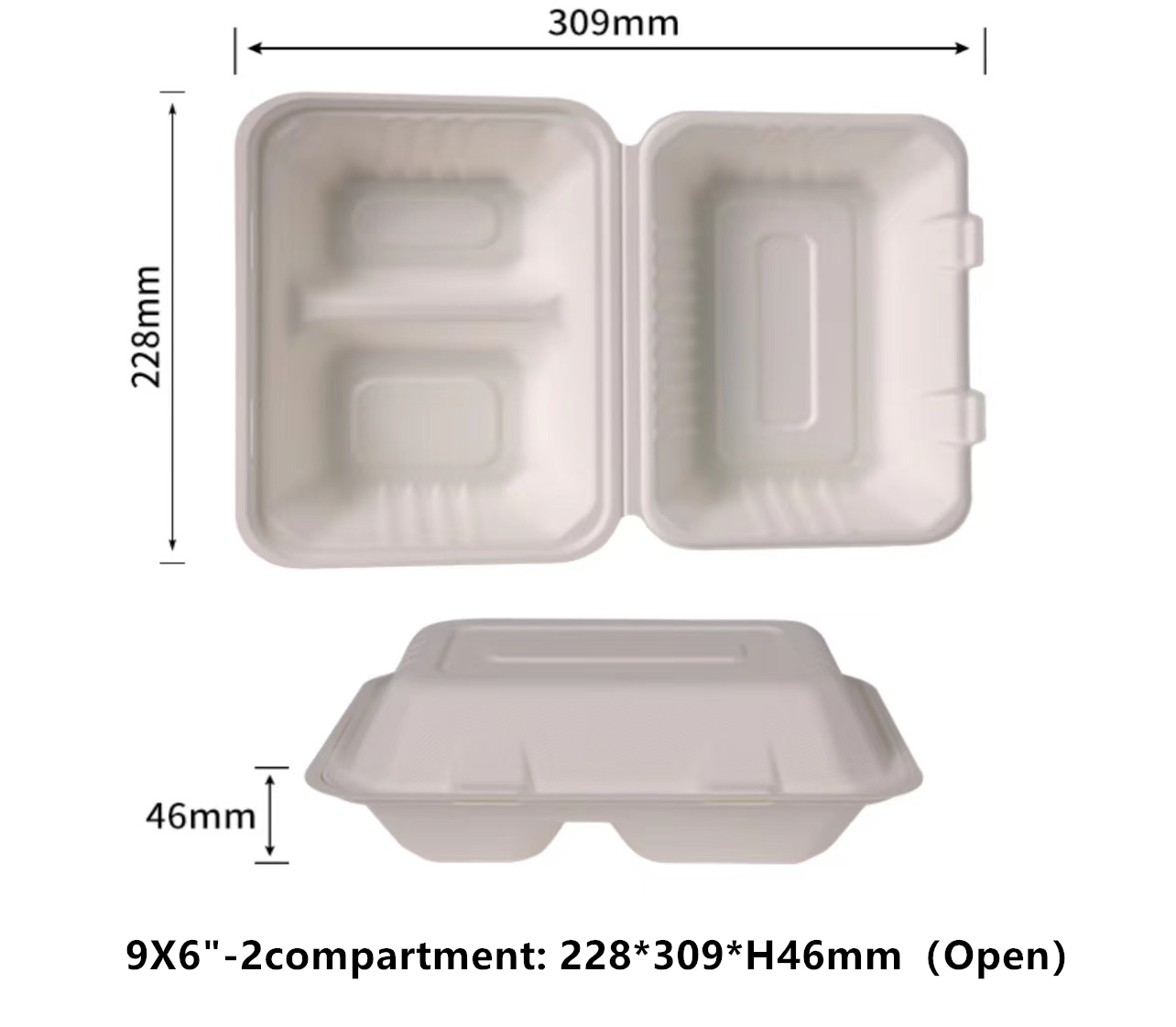 Clamshell 9X6 pulgadas 2 compartimentos para llevar contenedores de alimentos 100% compostables desechables para llevar cajas resistentes para llevar contenedores ecológicos biodegradables para llevar para alimentos