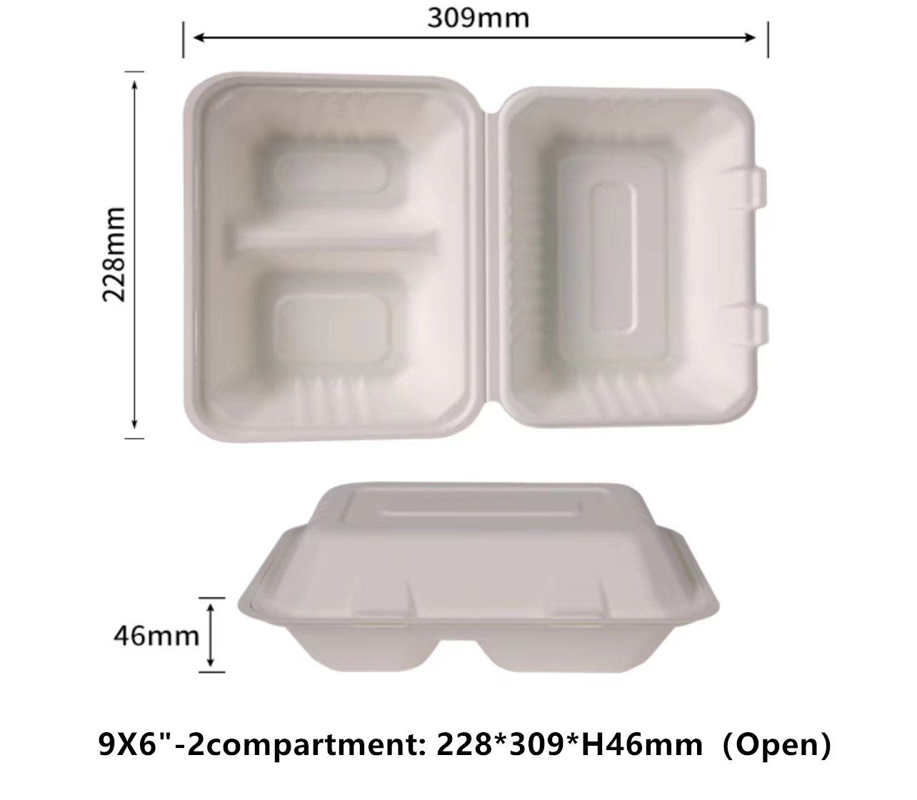 Contenedores para llevar de comida para llevar, 9 x 6 pulgadas, 2 compartimentos, sin PFAS, 100% compostables, desechables, cajas para llevar, resistentes, ecológicos, biodegradables, para llevar, contenedores para comida