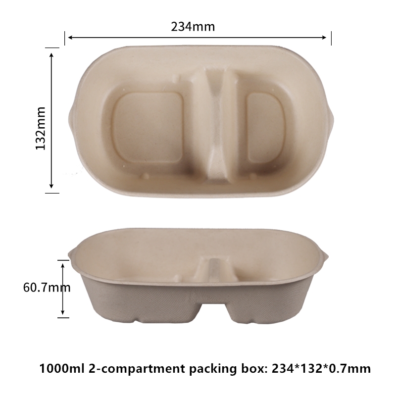 Alternativa 100% compostable Caja de embalaje de 2 compartimentos de 1000 ml Contenedores de alimentos desechables Contenedores para llevar ecológicos Biodegradables de alta resistencia