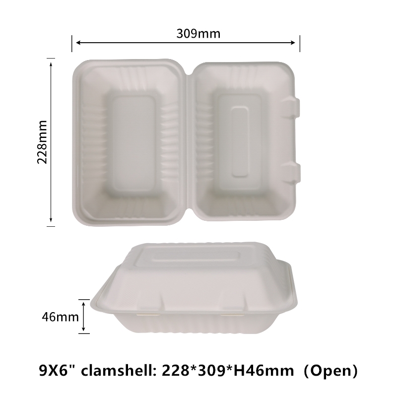 Libre de PFAS 100% compostable Contenedores de comida para llevar de tipo almeja 9X6" 1 compartimento Contenedores resistentes de calidad para llevar Bagazo natural desechable Ecológico Biodegradable Hecho de fibras de caña de azúcar