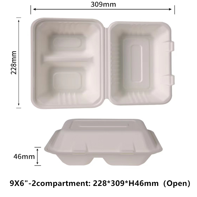 Clamshell de 9x6 pulgadas 2 compartimento recipientes de alimentos 100% compostables para ir contenedores de servicio pesado para ir cajas ecológicas biodegradables para ir recipientes para alimentos para alimentos - SINCERE